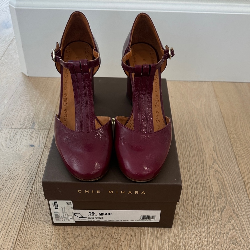 Chie Mihara Deep Wine T-Strap Block Heels